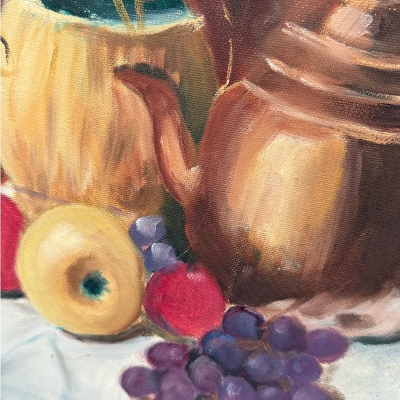 Vintage 1989 Still Life Painting Fruit and Italian Wine Decanter & Kettle - Picture 7 of 13